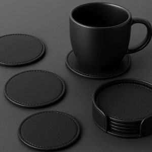 25 Pu Leather Coasters with Holder Modern Round Black Cup Mats Waterproof Heat Resistant Drink Coasters for Office