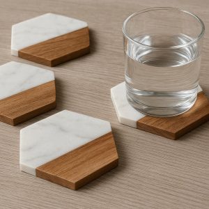 24 Marble and Wood Coasters Set Modern Geometric Hexagon Drink Coaster for Living Room Coffee Table Dining Room